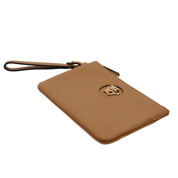 Versace La Medusa Wristlet Zip Pouch Caramel Leather New - Picture 4 of 7
